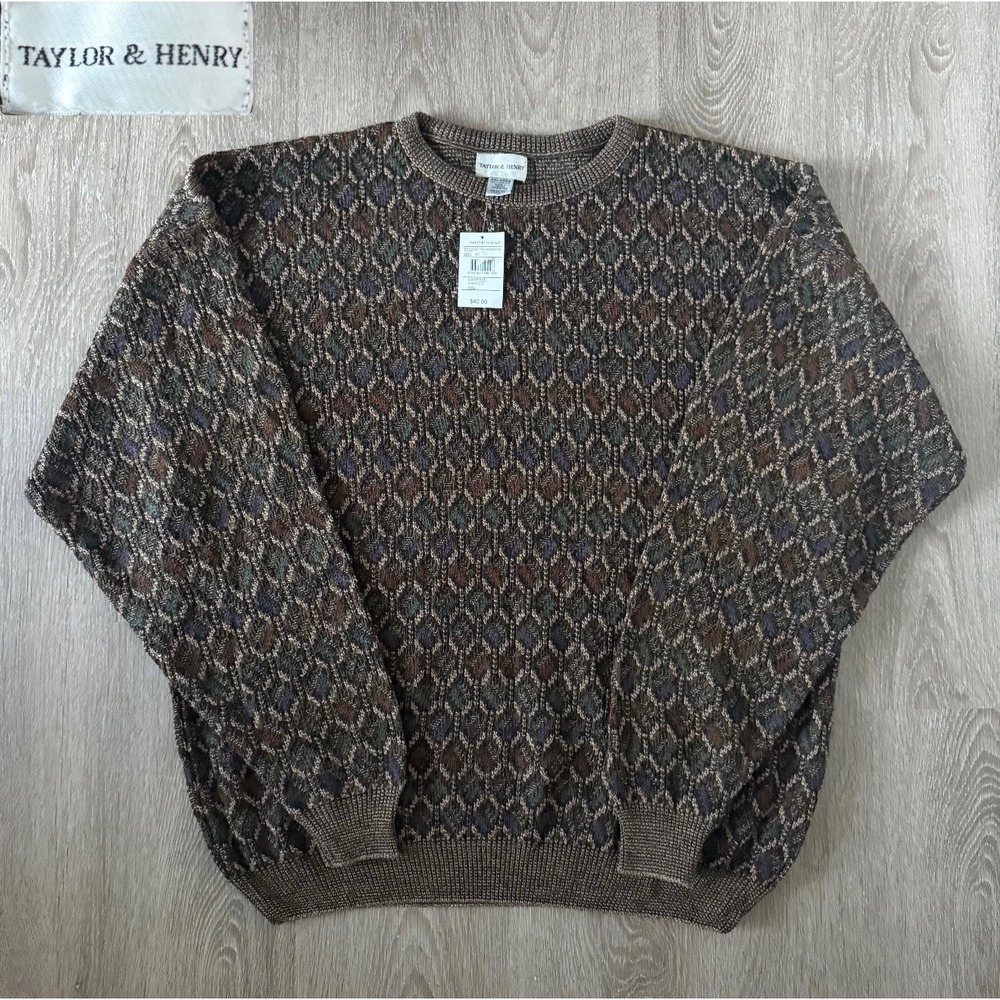 VTG Taylor & Henry Men XXL Geometric Diamond Knit Sweater Brown Green GOT511 NWT
